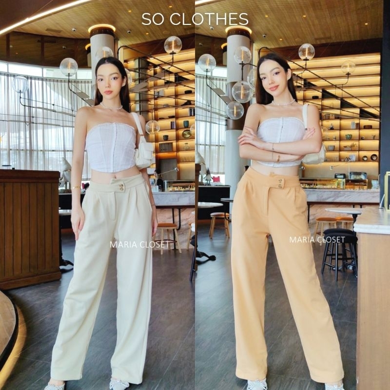 MariaCloset pants กางเกงขายาว กางเกงทำงานผู้หญิง เอวสม็อค เอวยืด ผ้าพริ้วใส่สบาย Soclothes