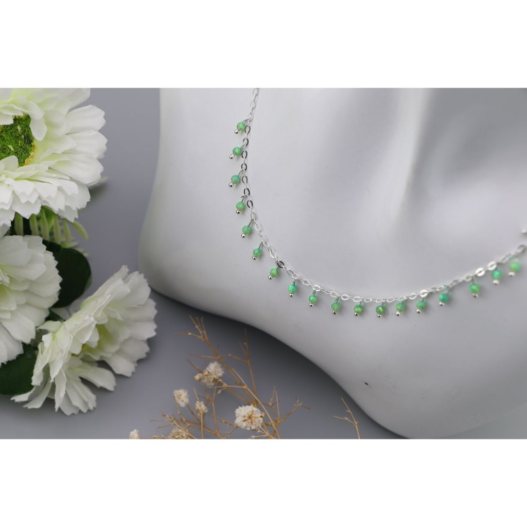 [พร้อมส่ง](Necklace/สร้อยคอ):925 sterling silver necklace decorated with green opal /สร้อยคอเงินแท้ 