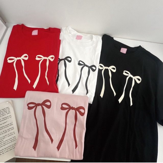 Sugarbeetshop | S316 โบว์คู่ เสื้อยืดโอเวอร์ไซต์ ผ้าคอตอน