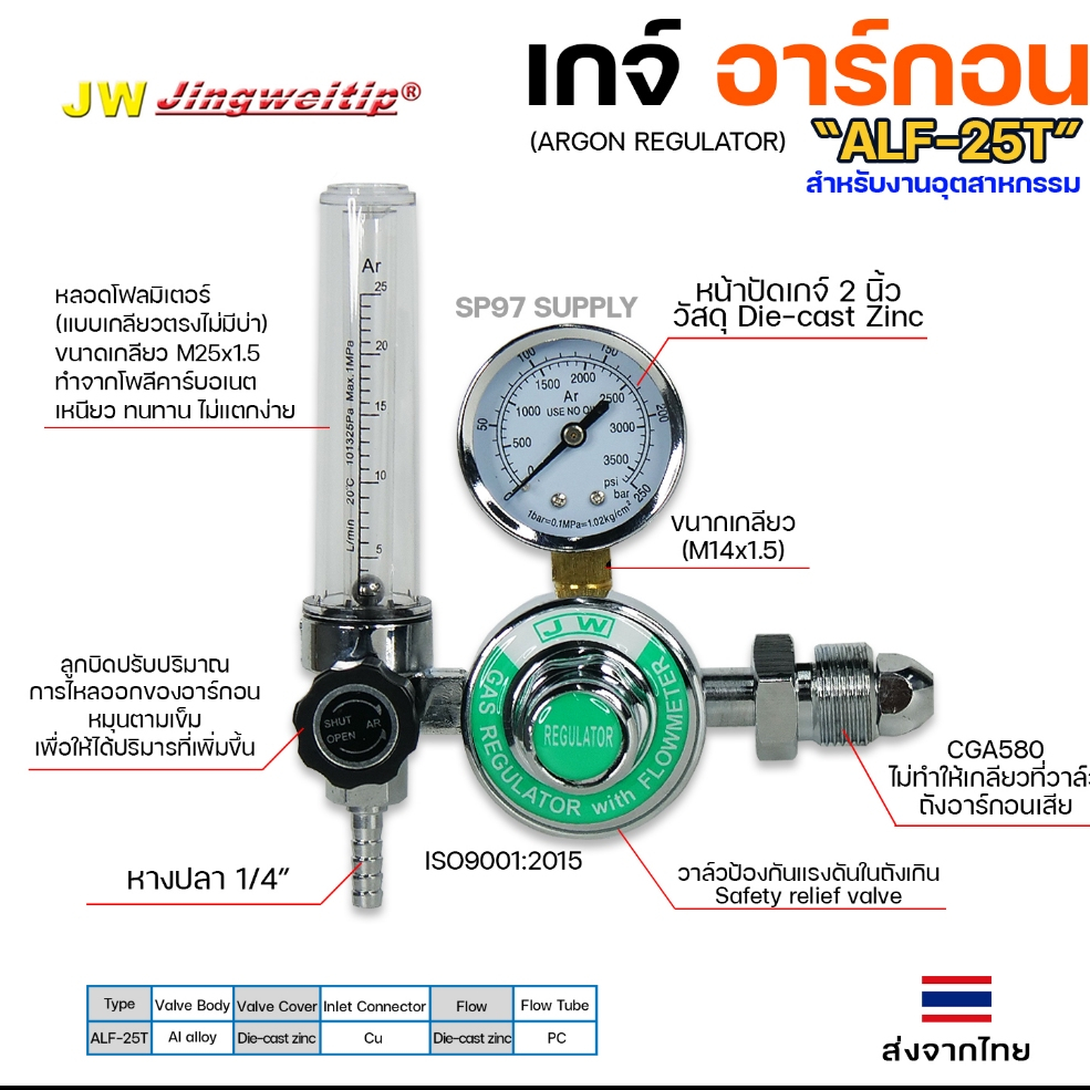 JW เกจ์ อาร์กอน ALF-25T Argon Regulator แบบ หัวเดี่ยว สำหรับงานเชื่อม อาร์กอน #เกจ #อากอน (ราคา1ชิ้น)