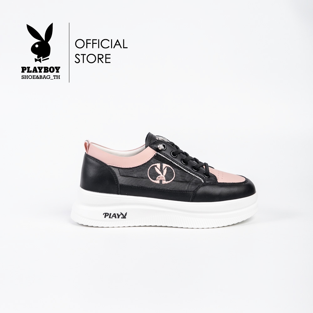 Playboy รองเท้าผ้าใบ(ควร +1ไซส์) รุ่นST-H241C1154 ดีไซน์หนังดำตัดชมพูแต่งซีทรูปักโลโก้ สีดำ