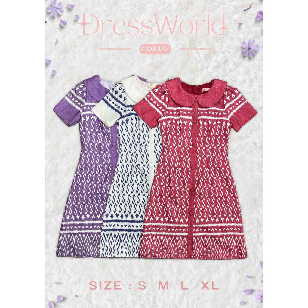 {S-XL} 9437 งานป้าย Dress World เดรสสั้น คอบัว ลายไทย ลายขอ ทรงบาน แต่งกระดุมหน้า น่าร๊าก รีบจับจองเลยน๊า