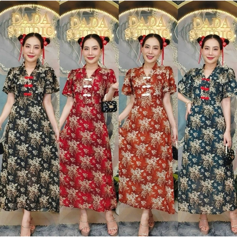 Recommend เดรสยาวผ้าชีฟองแขนระบายลายดอกไม้สไตล์จีนผ้าเนื้อดีมากลายสวยสีสดใส่สบาย#Maisie Shop