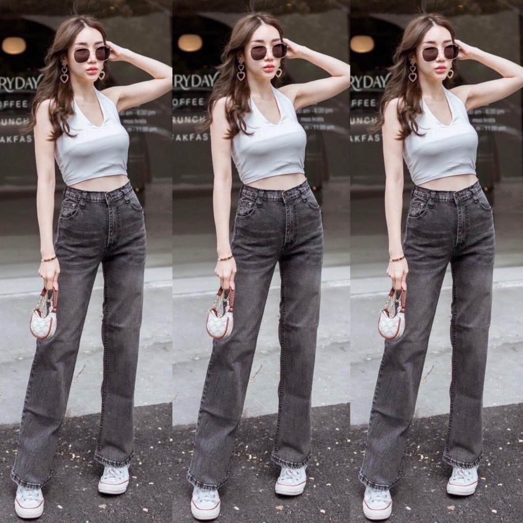 2NaraJeans กางเกงยีนส์แฟชั่น ขากระบอก ผ้ายืด ผ้านิ่ม สีดำฟอก