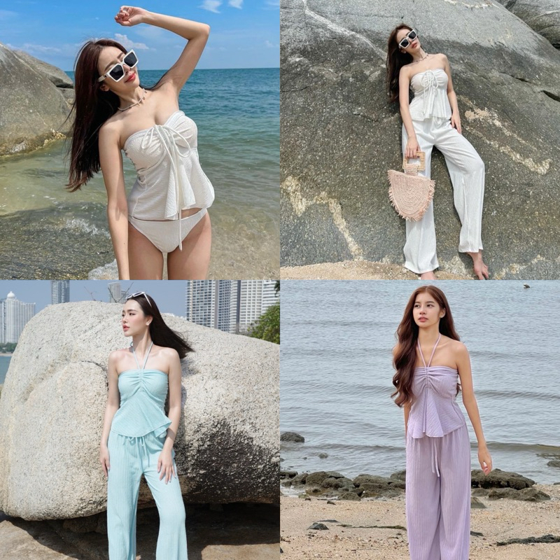 พร้อมส่งจากไทย ชุดว่ายน้ำผู้หญิง ชุดเดินชายหาด ชุดไปคาเฟ่ Mochi set