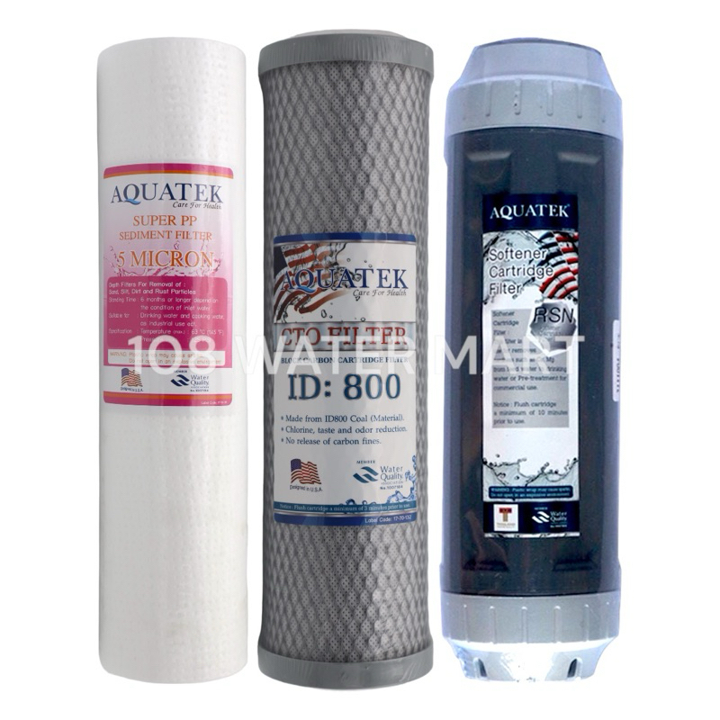 ชุดไส้กรองน้ำ 3 ชิ้น 10 นิ้ว Set 2 พีพี ชมพู คาร์บอนบล็อค ID800 เรซิ่น ฟู้ดเกรด  Aquatek ขนาด 2.5”x10” PP CTO Resin