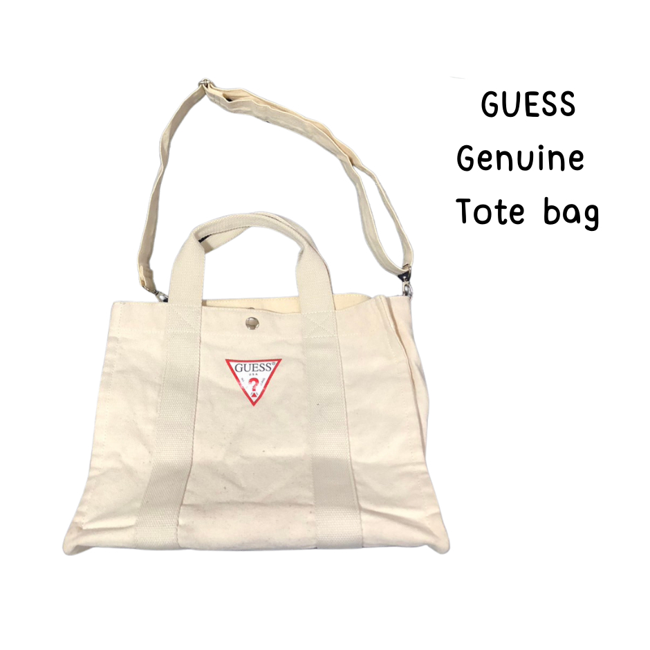 Authentic Sling Bag GUESS Tote Bag ของแท้ กระเป๋าผ้าเกสส์ สีขาว (ผ้าดิบ) ทรงส่วย ของแท้มือสอง