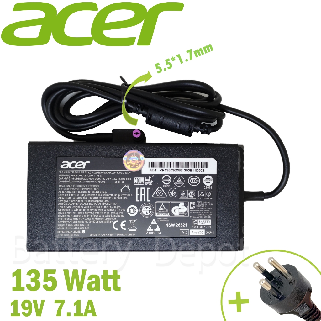 Acer Adapter ของแท้ 19V/7.1A 135W หัวขนาด 5.5*1.7mm สายชาร์จ เอเซอร์ อะแดปเตอร์, สายชาร์จ Acer