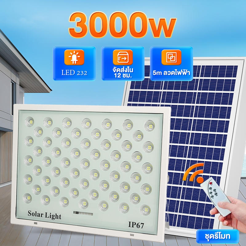 【รับประกัน10ปี】 ไฟโซล่าเซลล์ 1600W solar light outdoor แสงสีขาว ตั้งเวลาด้วยรีโมท IP67กันน้ำ กันฟ้าผ่า จับเวลาระยะไกล