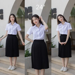 กระโปรงพลีท นักศึกษา เอวฟรีไซต์-XL จีบเล็ก จีบใหญ่ จีบทวิว ผ้าหางกระรอกสีดำ