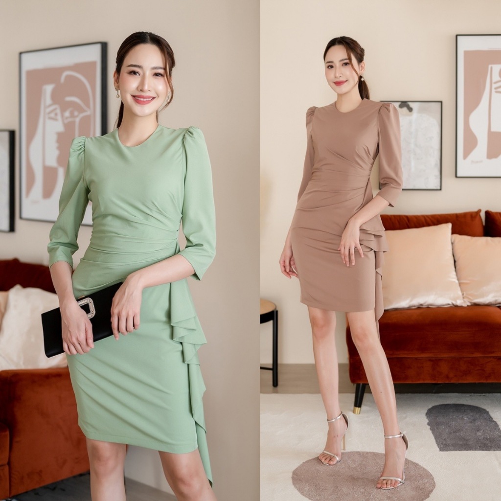 PD66 Drape Dress เดรสผ้าไหมอิตาลี คอกลม แขนสี่ส่วน ชุดแต่งเดรปรูดข้าง