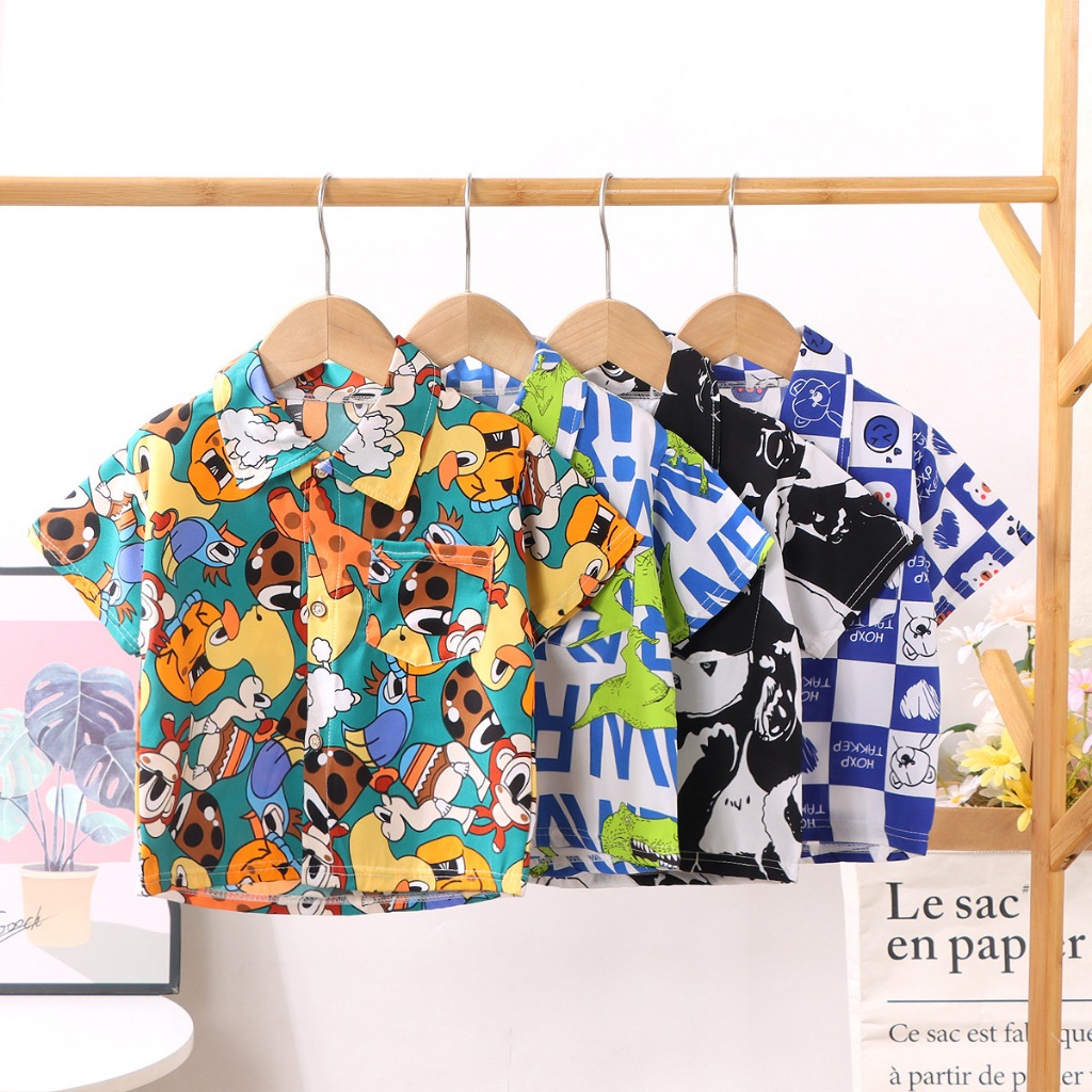 Babyonline(Y336)G3 (ส่งด่วน1วัน)เสื้อเชิ้ตคอปกแขนสั้นสำหรับเด็กผู้ชายลายการ์ตูนสุดเท่ มีกระเป๋าหน้า ผ้านิ่ม ระบายอากาศ