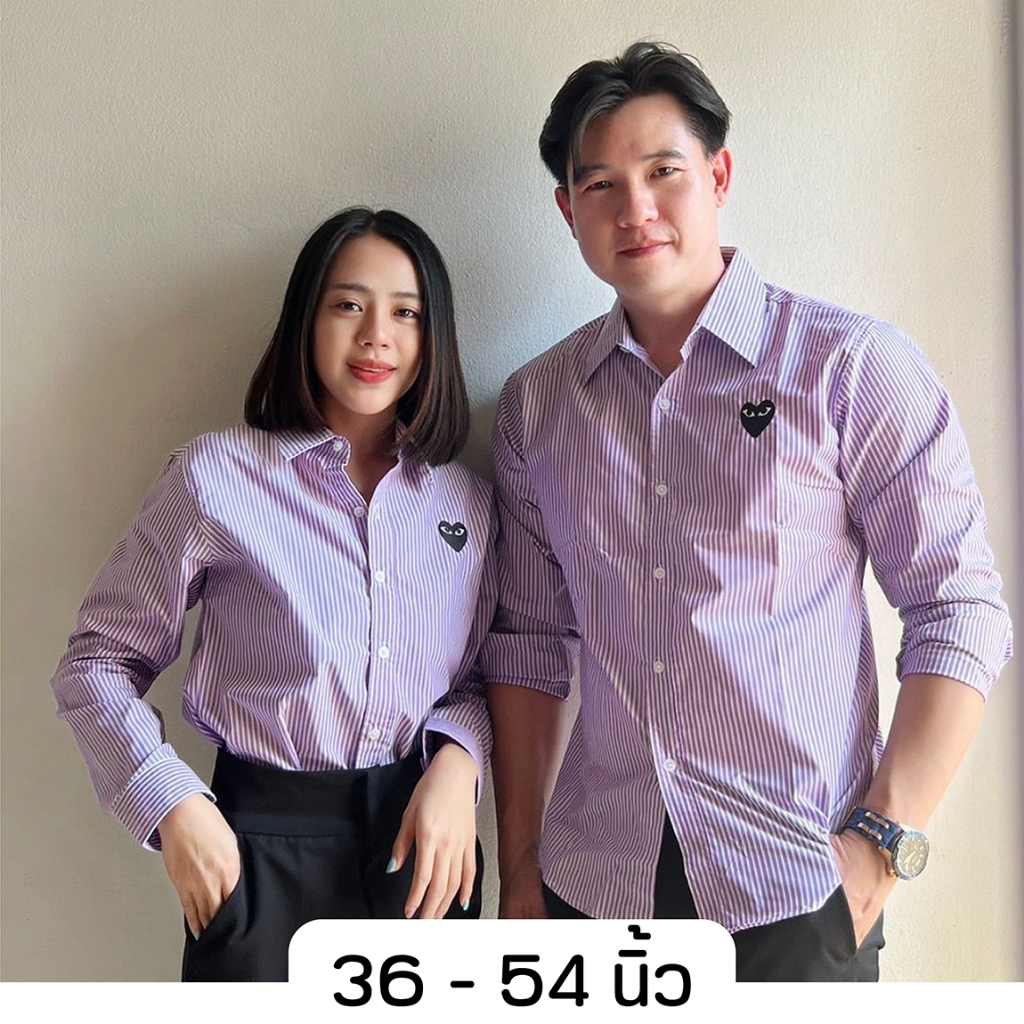 takayay brand เสื้อเชิ้ต สีม่วงลายทางใจดำ 36-54 นิ้ว เสื้อเชิ้ตทำงาน ผ้าคอตตอนทวิล