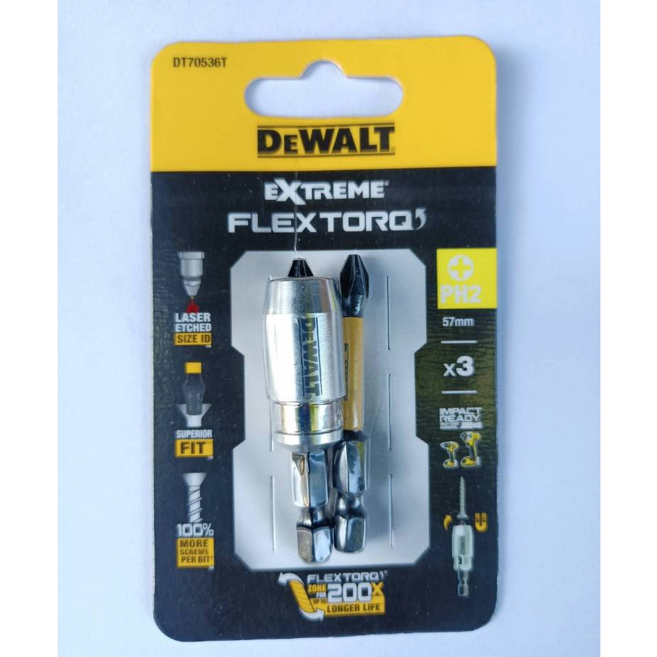 DEWALT ดอกไขควง 3 ชิ้น รุ่น DT70536T-QZ  ทนต่อแรงบิดสูง ( ดอกไขควง PH2x57mm. 2 ดอก + ปลอกแม่เหล็ก 1อ