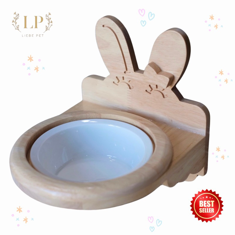 LP18 ถ้วยอาหารสัตว์เลี้ยงแบบยึดกรง สำหรับกระต่าย แมว ทำจากไม้ยางพาราเกรด A เคลือบดูแลเนื้อไม้ ติดตั้งง่ายด้วยน็อตมือหมุน