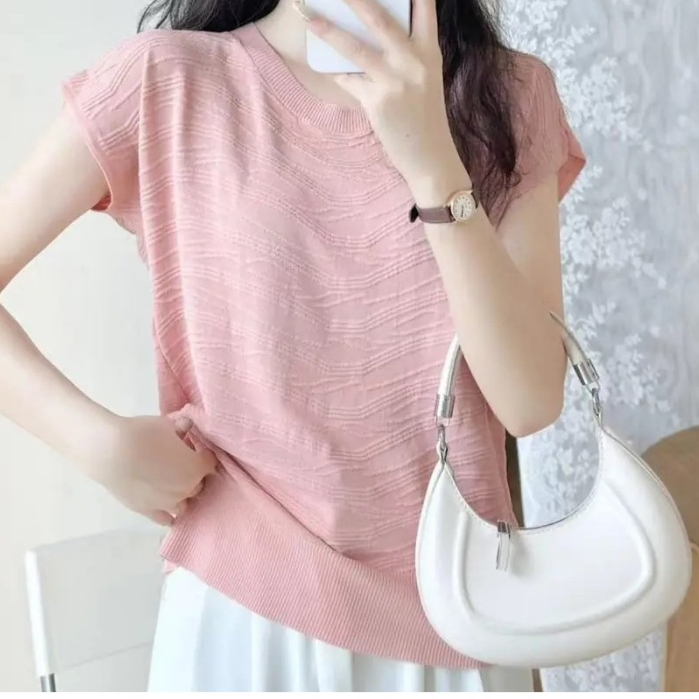 MKL เสื้อคอกลม ผ้าไหมพรมถัก แขนเต่อลายคลื่น แฟชั่นฤดูร้อน ใส่สบายสำหรับผู้หญิง #39CX36