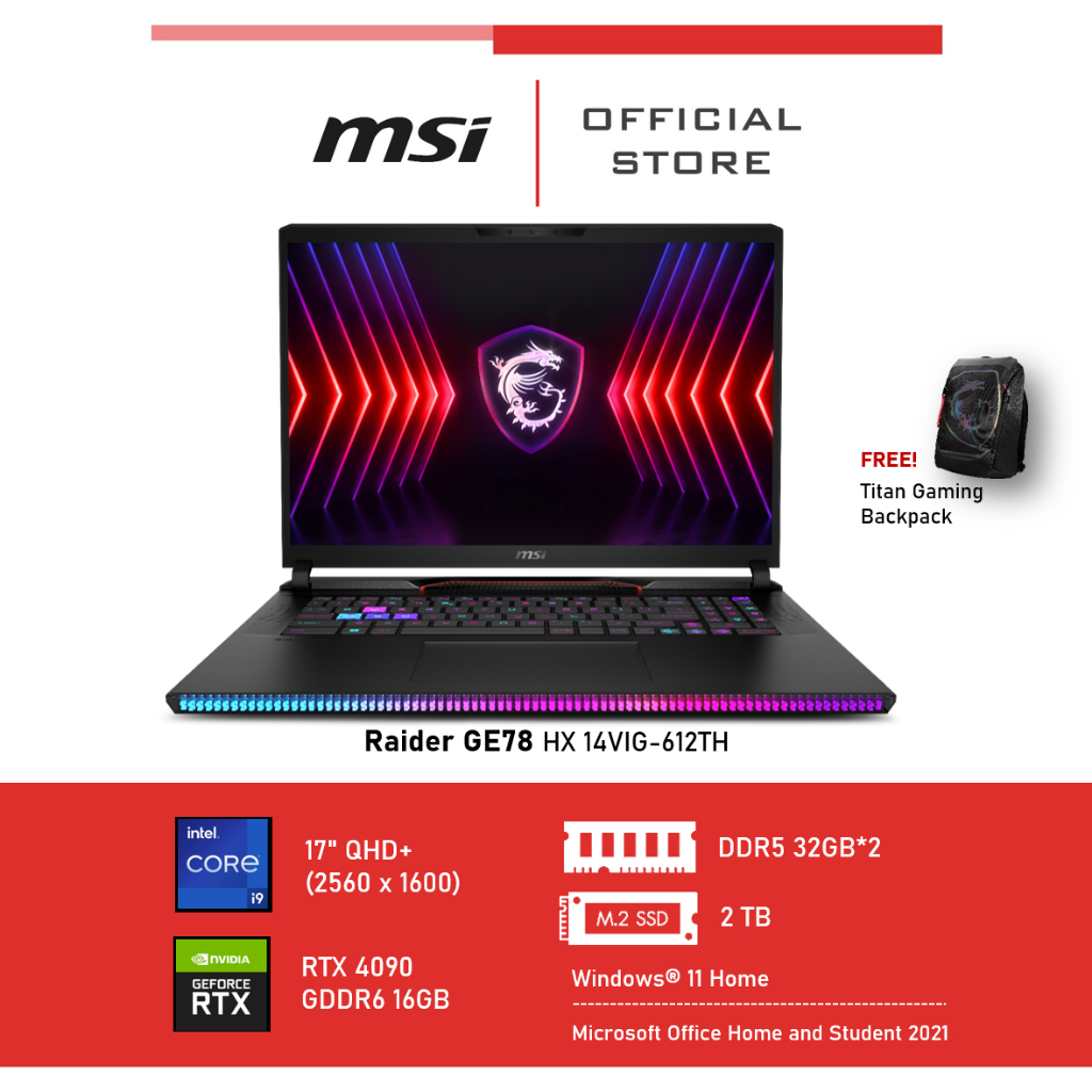 [Pre-Order] MSI Raider GE78 HX 14VIG-612TH (17"QHD+, DDR5 32GB*2, RTX 4090, GDDR6 16GB) Notebook, La