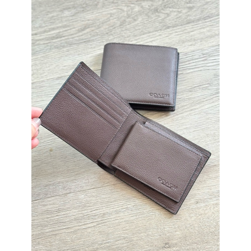 กระเป๋าสตางค์ชาย COACH COMPACT ID WALLET IN SPORT CALF LEATHER COACH #F74991 MAHOGANY หนังแท้ สีน้ำต