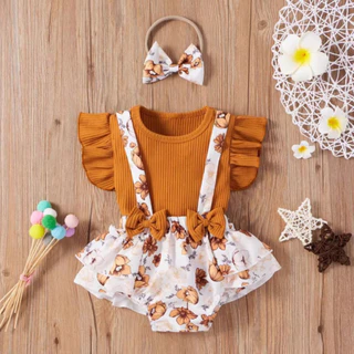 Babyonline(Y260)D4 (ส่งด่วน1วัน)ชุดบอดี้สูทกระโปรงกางเกงเด็กผู้หญิงลายดอกไม้มีโบว์คาดผมสุดน่ารัก
