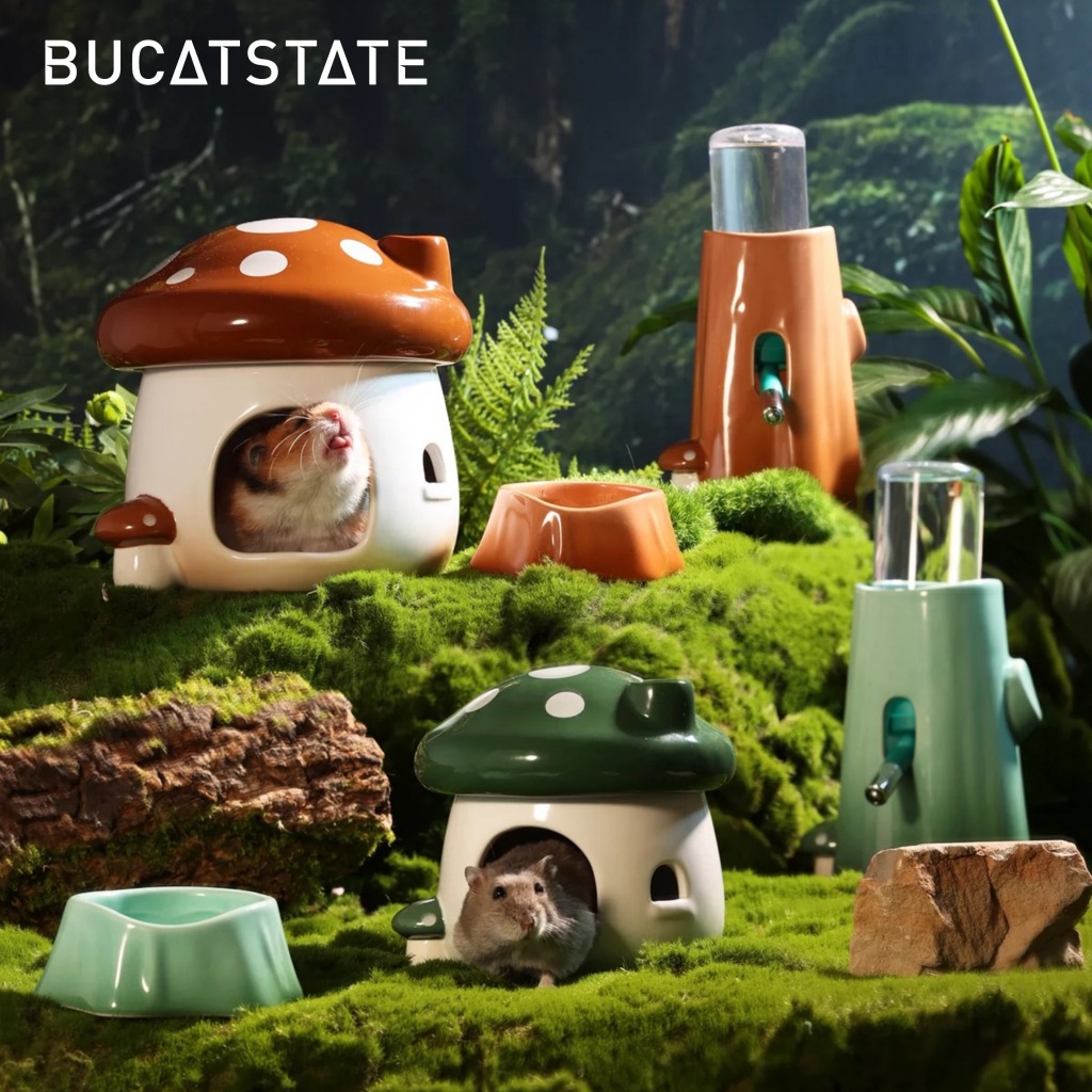 [Bucatstate]บ้านหลบเห็ด ชุดอุปกรณ์เซ็ตเห็ด ที่ตั้งขวดน้ำตอไม้ ถ้วยตอไม้ สำหรับแฮมสเตอร์ เม่นเเคระ ฯลฯ