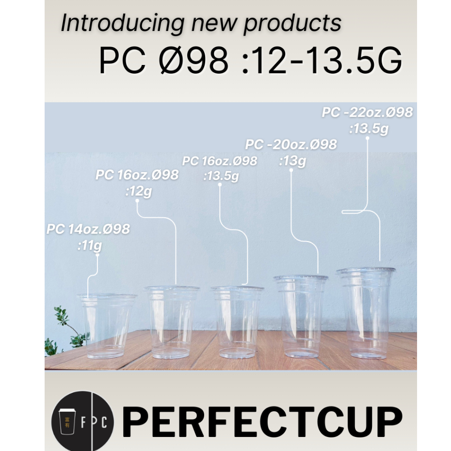แก้วพลาสติก PC-14/16/16.5/20/22oz. Ø98 พร้อมฝา/แก้วเปล่า [50ใบ]