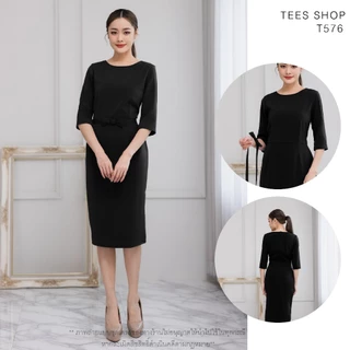 TEESBRAND T576 ชุดทำงานสีดำ ทรงสอบ คอกลม แขนห้าส่วน มีเข็มขัดโบว์ ชุดดำไปงาน เดรสดำ