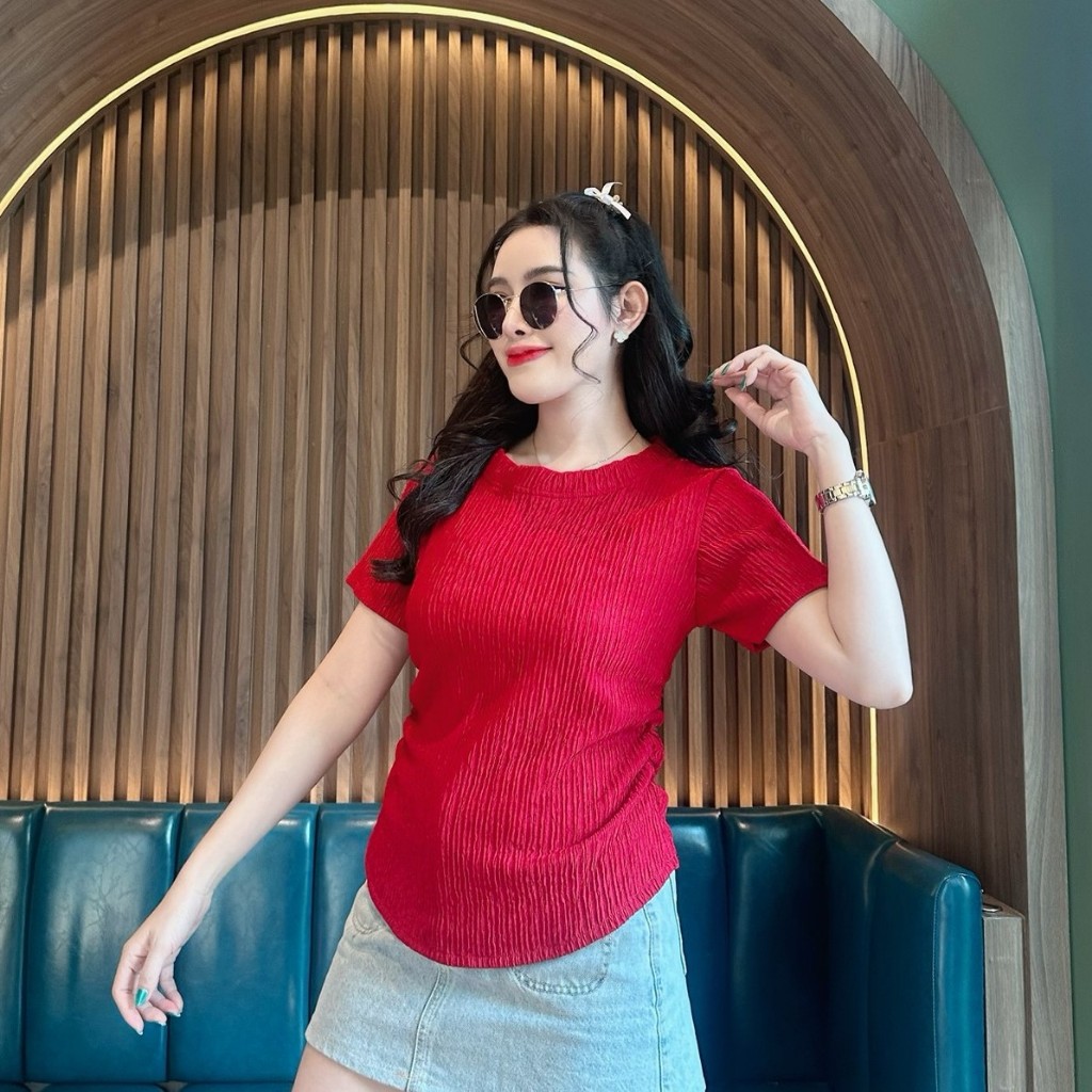 พร้อมส่ง เสื้อผ้าเปลือกไม้คอกลมแขนสั้นย่นข้าง (J12,J32) A2112