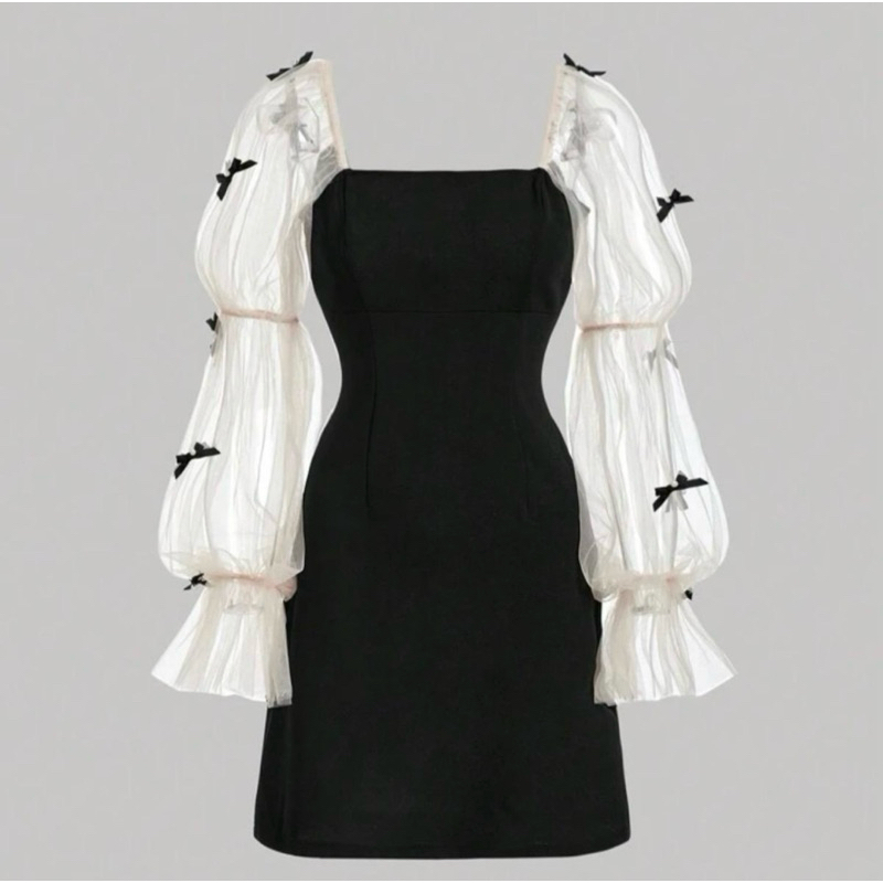 เดรสแขนยาวเเต่งโบว์จิ๋ว งานทรงเเขนญาญ่า Clothing Dress