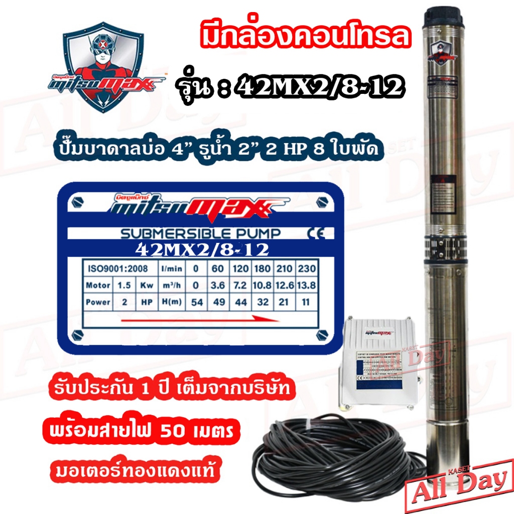 *มีกล่องคอนโทรล* ปั๊มบาดาล AC 2 นิ้ว 2 แรง 8 ใบพัด บ่อ 4 ซัพเมอร์ส ปั๊มน้ำ บ่อบาดาล ดูดน้ำลึก MITSUMAX (42MX2/8-12)