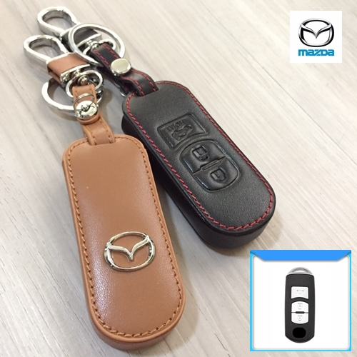 ซองหนังแท้ ใส่กุญแจรีโมทรถยนต์ รุ่นหนังนิ่มโลโก้-เงิน Mazda 2,3/CX-3,5,8 Smart Key 3 ปุ่ม