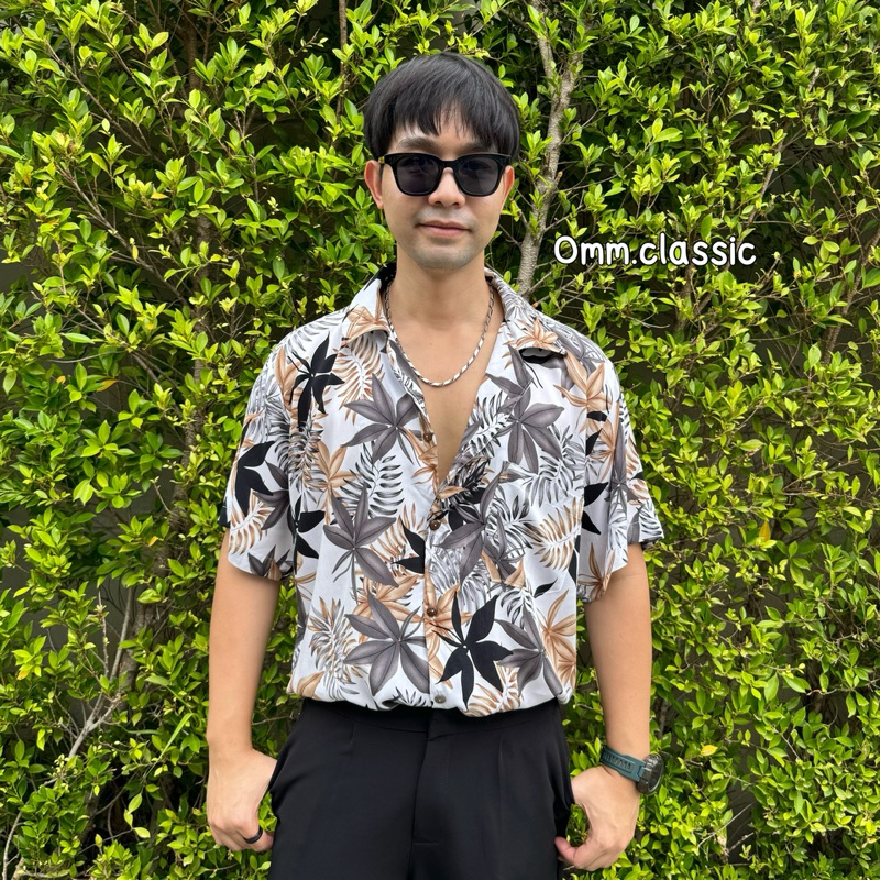 เสื้อฮาวายผ้านิ่ม(สปันเรยอน)ลายเมเปิ้ลเทา