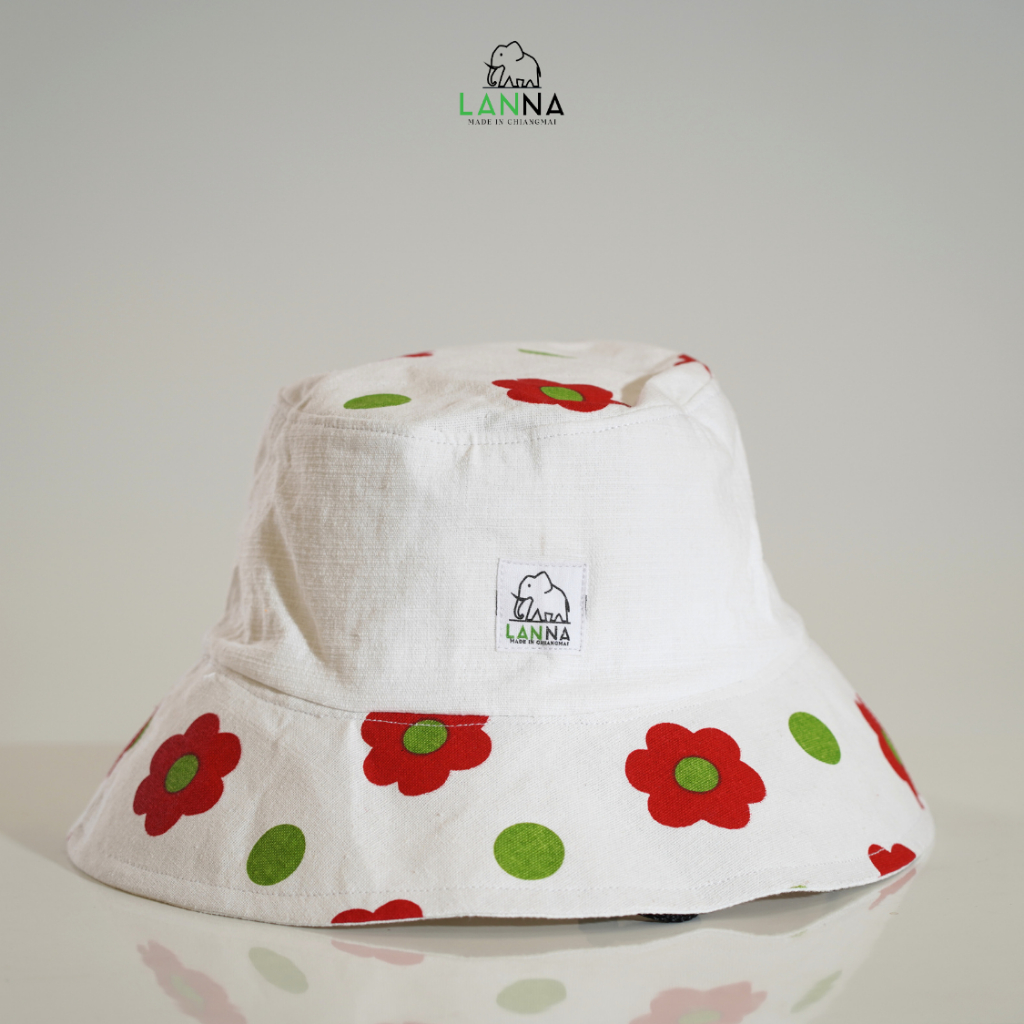 หมวกผ้าฝ้าย ลายดอกไม้แดงสุดเปรี้ยว ทรงบักเก็ต น่ารัก