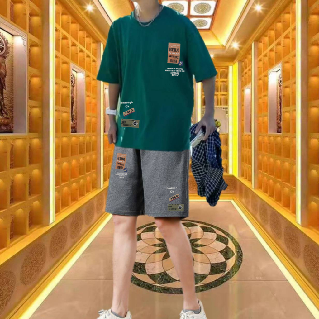 ชุดเสื้อยืดแขนสั้นใส่เที่ยวสงกรานต์+กางเกงขาสั้นสกรีนลายเท่ๆ เสื้อผ้าคอตตอนยืดใส่สบายสีไม่ตก (รหัส 2020 กางเกงสีเทา)