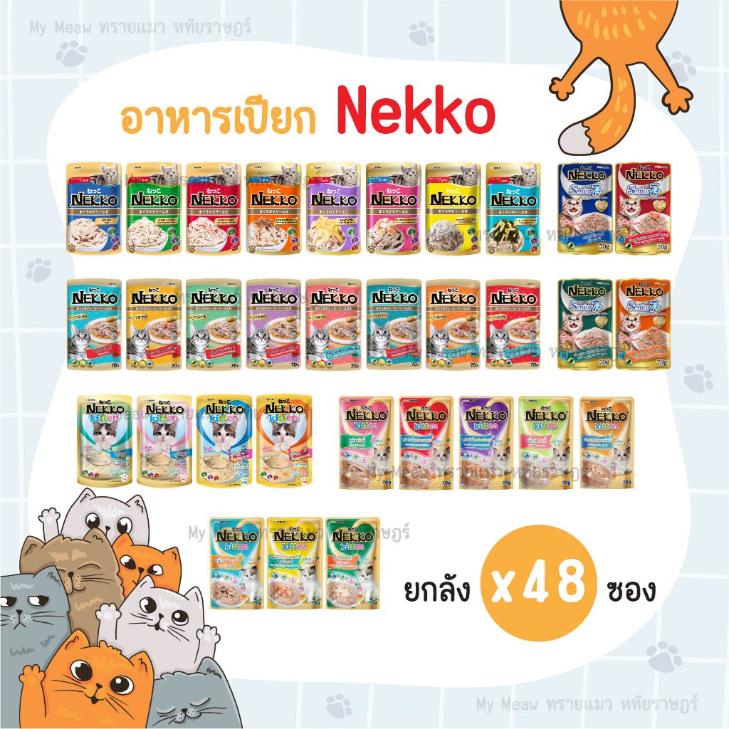[ยกลัง 48 ซอง] Nekko อาหารเปียกแมวเน็กโกะ ขนาด 70 กรัม สูตรลูกแมว 4-12 เดือน สูตรแมวโต 1-7 ปี สูตรแมวสูงวัย 7 ปี ขึ้นไป