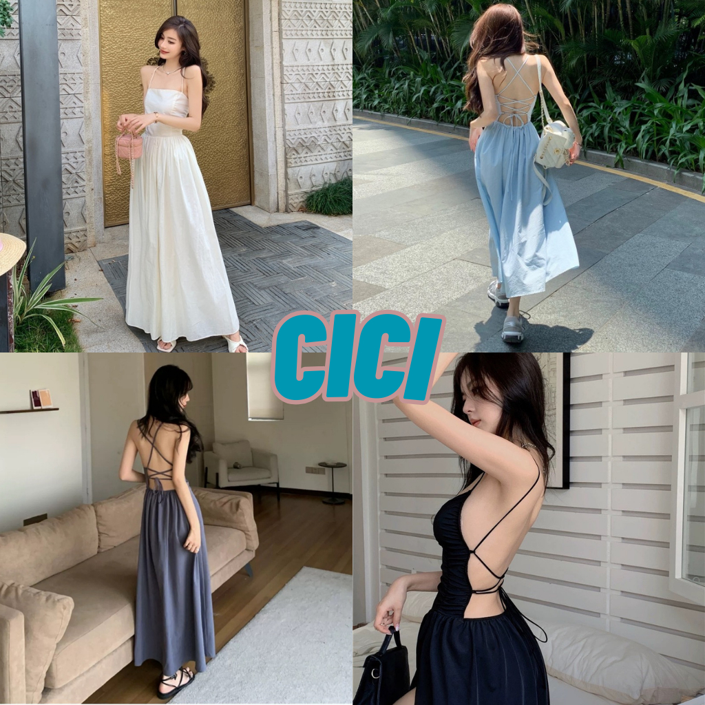Cici(NO.3213)ชุดเดรสยาวสายเดี่ยว เว้าหลัง ดีเทลสายพันด้านหลัง ผ้าพริ้วใส่สบาย สไตล์สาวเซ็กซี่