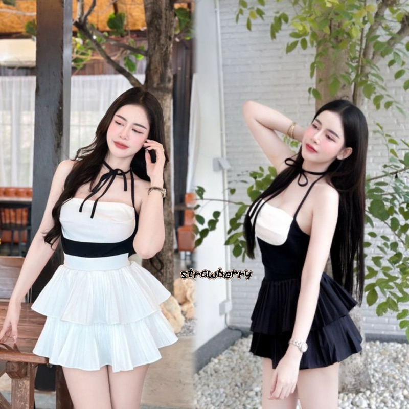 STR พร้อมส่งจากกทม. ชุดเซ็ท 2 ชิ้น เสื้อคล้องคอเซ็กซี่ + กระโปรงพลีทสั้น เข้ารูป สไตล์เวียดนาม ชุดไปทะเล สำหรับผู้หญิง