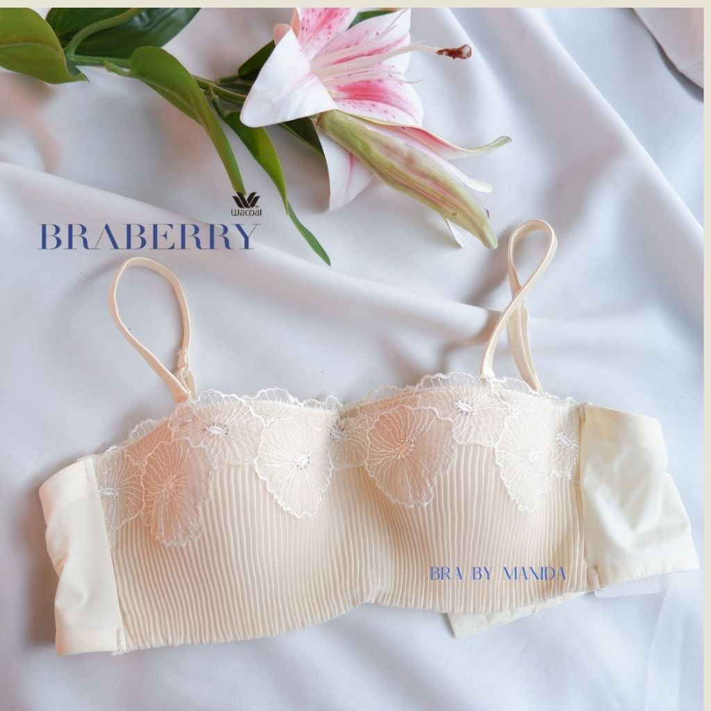 WACOAL รุ่น BRABERRY ✨ ✨ บรา มีโครง ฟองน้ำบาง ทรงเกาะอก เต้าใช้ผ้าพลีท CHIFFON ลายริ้ว