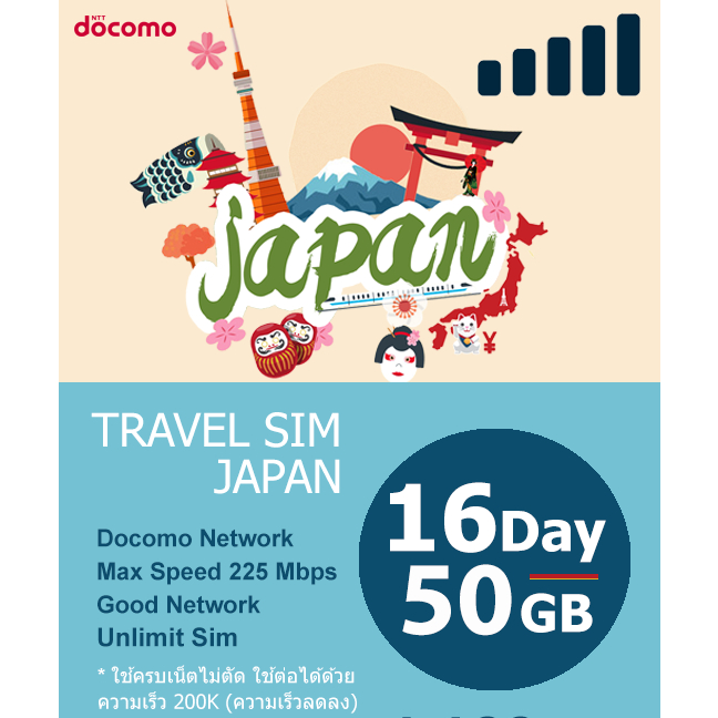 ซิมเน็ตญี่ปุ่น 16 วัน/50GB ใช้ครบเน็ตไม่ตัด ใช้ต่อได้ด้วยความเร็ว 200K - Japan Travel Sim