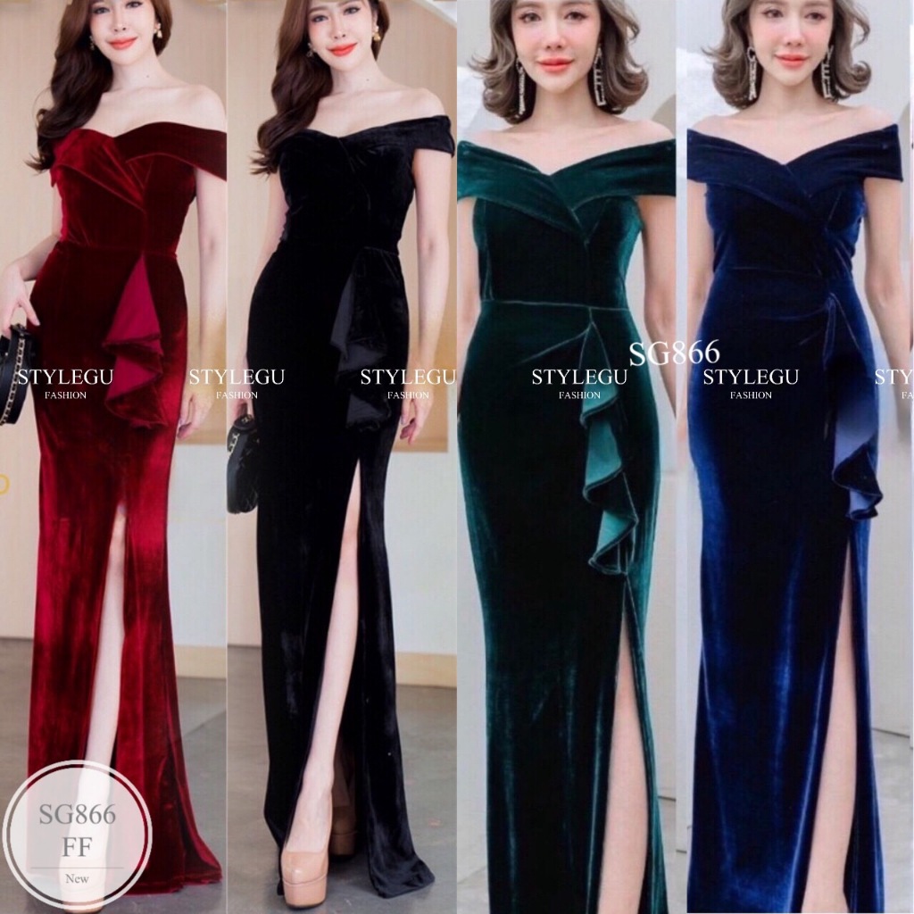 ES866 ชุดราตรียาวคอวีสวยมากพรางแขนพรางพุง ผ้ากำมะหยี่เนื้อดียืดงานเปิดไหล่ ซิปหลังทรงเข้ารูปเปะ