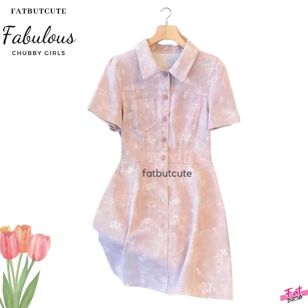 [มีอกถึง54นิ้ว]🌷เดรสยีนส์สาวอวบ🌷 คอปก ผ้ายีนส์งานน่ารักมากๆค่าผ้าปั้มลายดอก รหัส63750