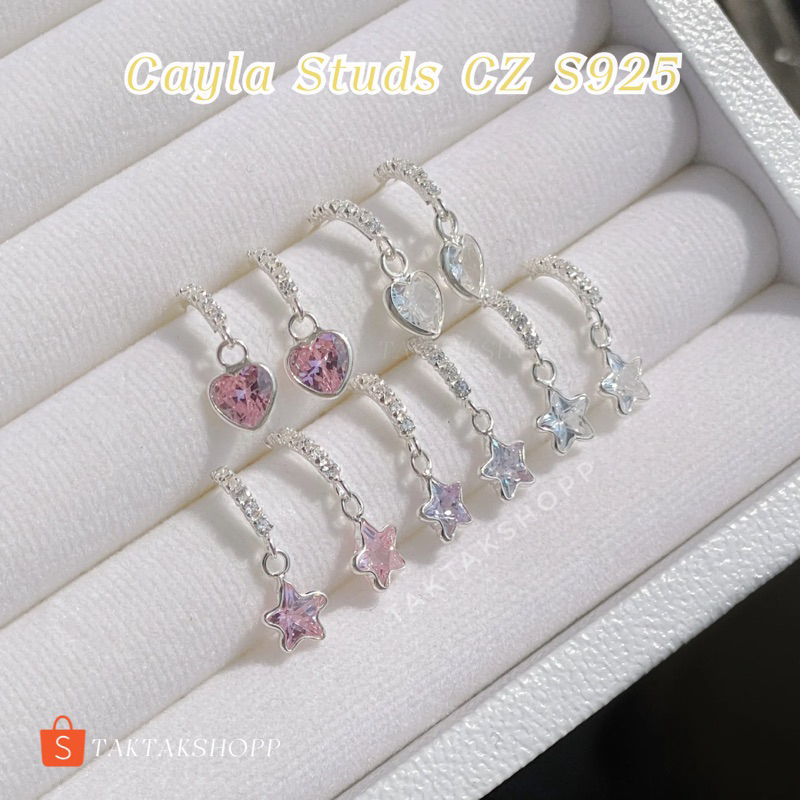 Cayla studs Earring CZ S925 ต่างหูปักก้านโค้งCzห้อยจี้ดาว/หัวใจ เงินแท้92.5%