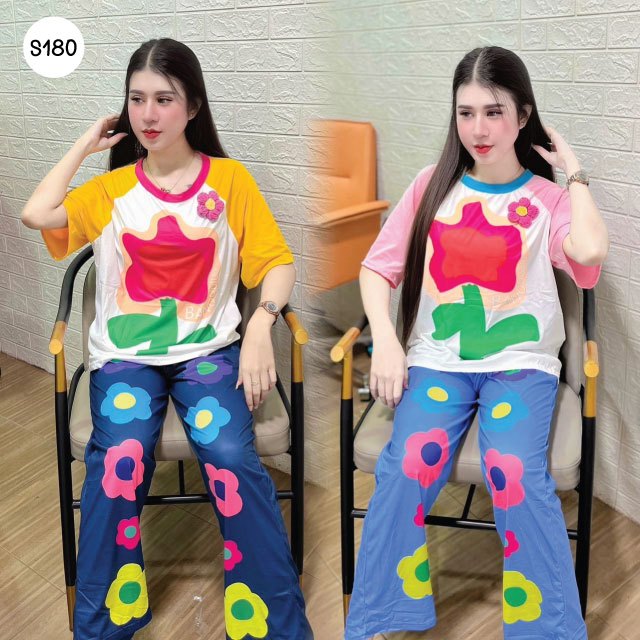 S180-ชุดเซ็ท2แขนสั้นขายาว พิมพ์ลายดอกไม้เรนโบว์ (มีเข็มกลัดให้)