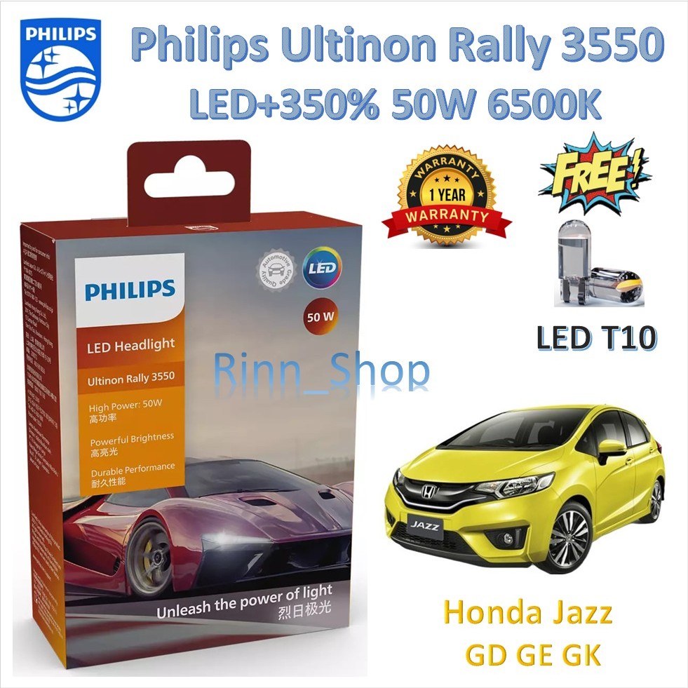 Philips หลอดไฟหน้ารถยนต์ Ultinon Rally 3550 LED 50W 8000/5200lm Honda Jazz GD GE GK แถมฟรี LED T10