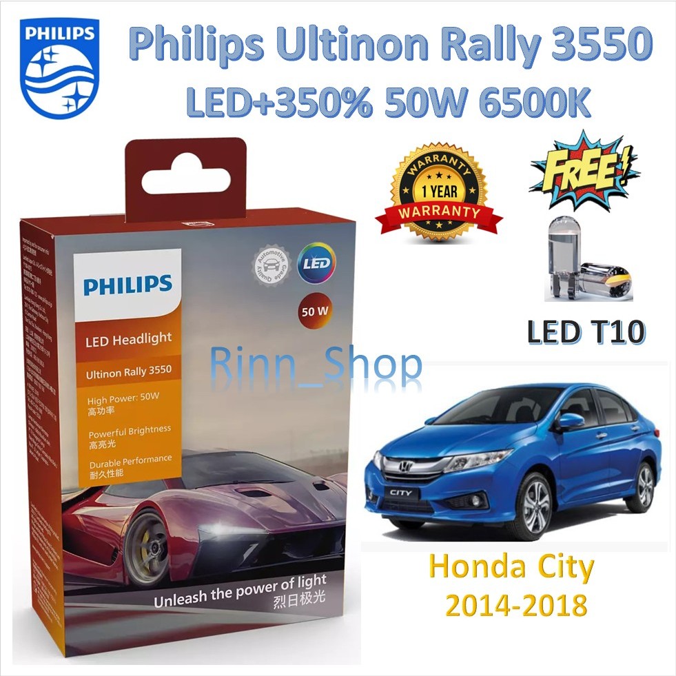 Philips หลอดไฟหน้ารถยนต์ Ultinon Rally 3550 LED 50W 9000lm Honda City 2014 - 2018 แถมฟรี LED T10 แท้ 100% รับประกัน 1 ปี