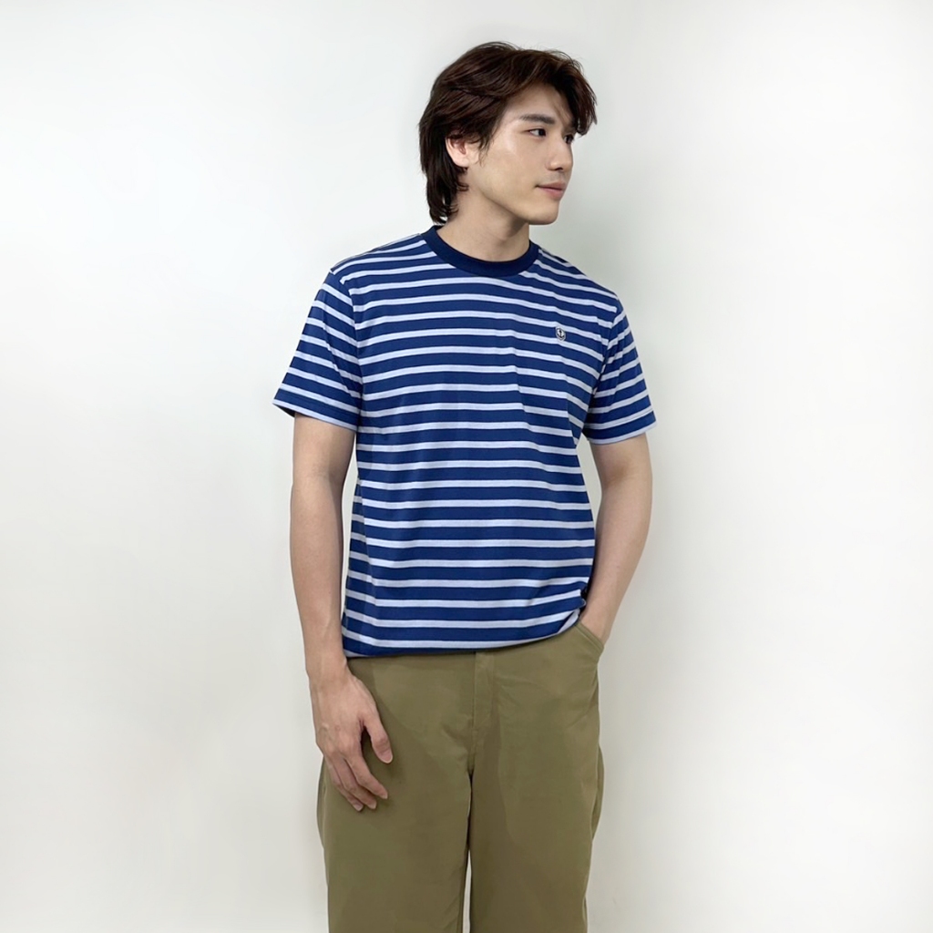 PORTLAND เสื้อยืดลายริ้วแขนสั้น / Striped T-Shirt with Embroidery (Blue)