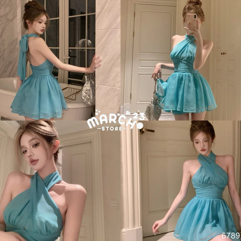 🦋เดรสสั้นอกไขว้ผูกคอ กระโปรงบาน 🌷ว่าง S #mch6789