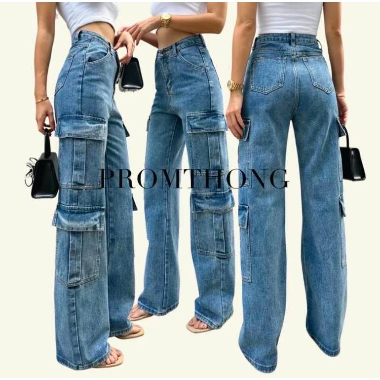 PTJ3731 กางเกงยีนส์คาร์โก้ PROMTHONG ทรงกระบอกตรง เอวสูง เนื้อผ้าไม่ยืด สีฟอกยีนส์ Detail กระเป๋าด้านข้าง