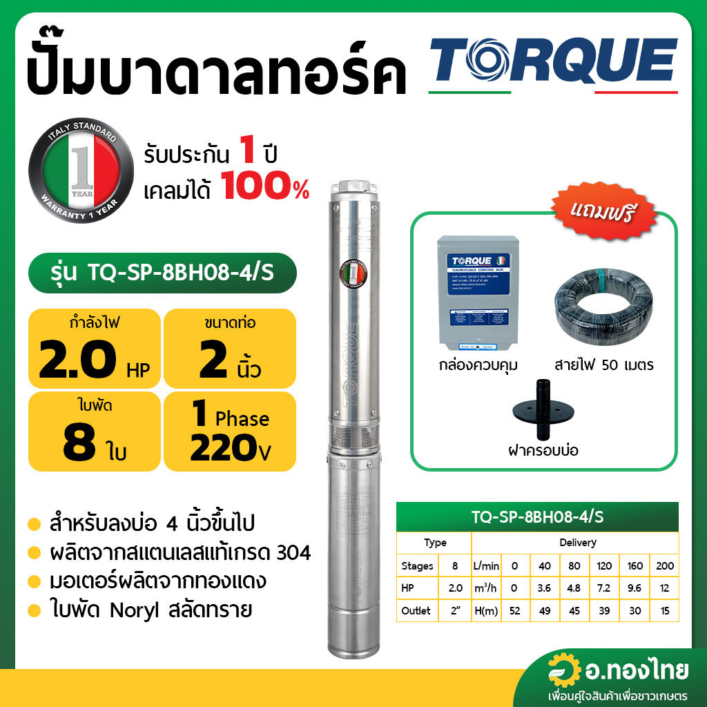 ปั๊มบาดาล ซับเมอร์ส TORQUE ทอร์ค AC 2 นิ้ว 2 แรง 8 ใบพัด บ่อ 4  รุ่น TQ-WP-DS-8BH08-4/S บ่อบาดาล