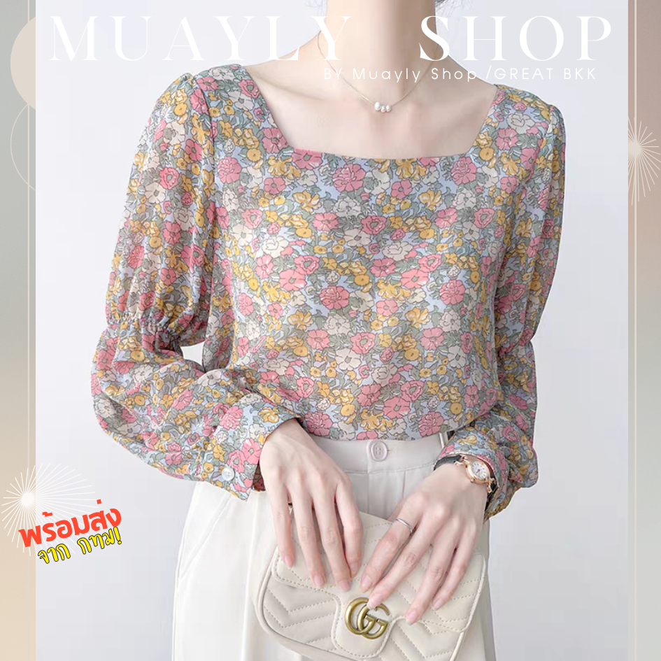 พร้อมส่ง เสื้อชีฟอง แขนยาว พิมพ์ลายดอกไม้ จั้มข้อศอก ทรงหลวม สไตล์เกาหลี