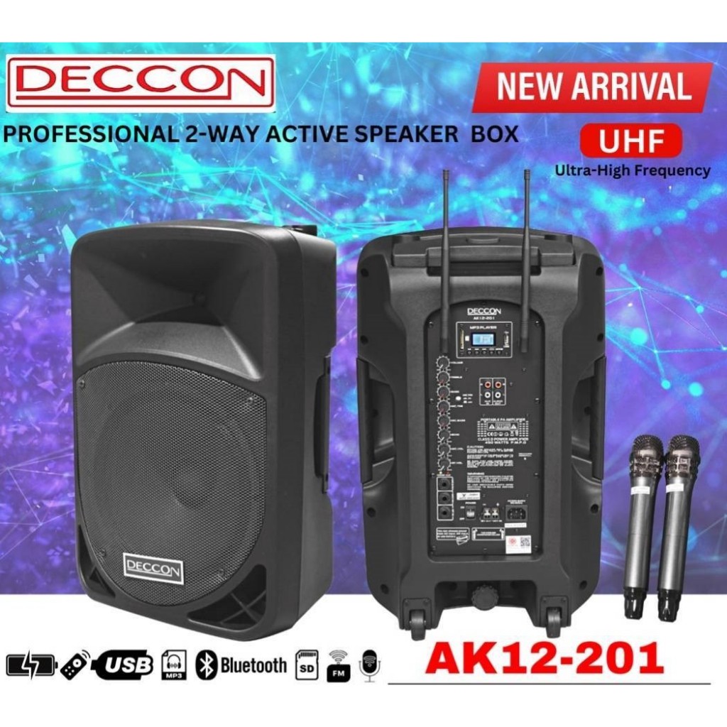 ลําโพงเคลื่อนที่ 12นิ้วพร้อมไมค์ลอย DECCON AK12-201 (NEW2024) ตู้ลำโพงเอนกประสงค์แบบล้อลาก รองรับระบ